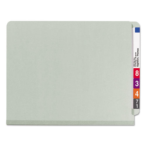 Image of Smead End Tab Pressboard Classification Folders, Six SafeSHIELD Fasteners, 2" Expansion, 2 Dividers, Letter Size, Gray-Green, 10/BX