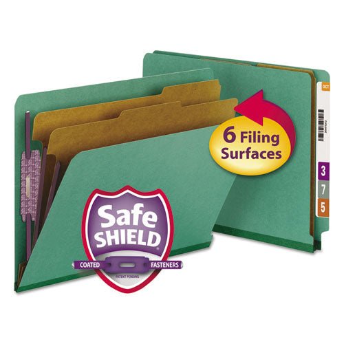 Image of Smead End Tab Pressboard Classification Folders, Six SafeSHIELD Fasteners, 2" Expansion, 2 Dividers, Letter Size, Green, 10/Box