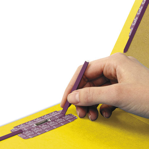 Image of Smead End Tab Pressboard Classification Folders, Six SafeSHIELD Fasteners, 2" Expansion, 2 Dividers, Letter Size, Yellow, 10/Box