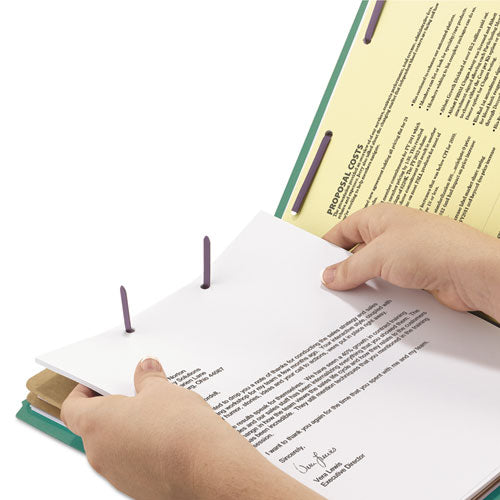 Image of Smead End Tab Pressboard Classification Folders, Six SafeSHIELD Fasteners, 2" Expansion, 2 Dividers, Letter Size, Green, 10/Box