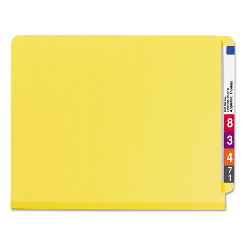 Image of Smead End Tab Pressboard Classification Folders, Six SafeSHIELD Fasteners, 2" Expansion, 2 Dividers, Letter Size, Yellow, 10/Box