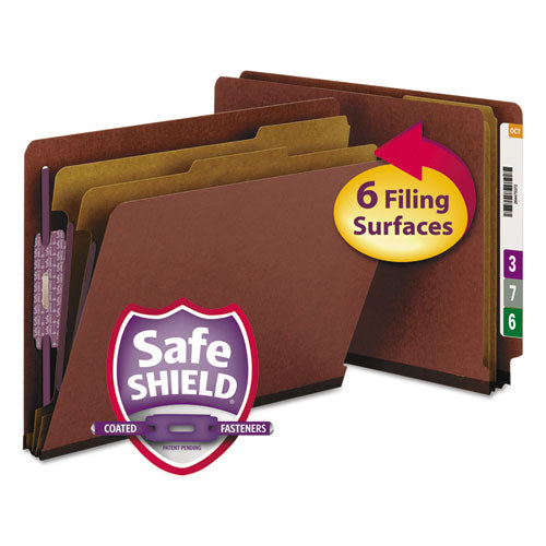 Image of Smead End Tab Pressboard Classification Folders, Six SafeSHIELD Fasteners, 2" Expansion, 2 Dividers, Letter Size, Red, 10/Box