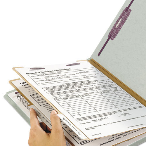 Image of Smead End Tab Pressboard Classification Folders, Six SafeSHIELD Fasteners, 2" Expansion, 2 Dividers, Letter Size, Gray-Green, 10/BX