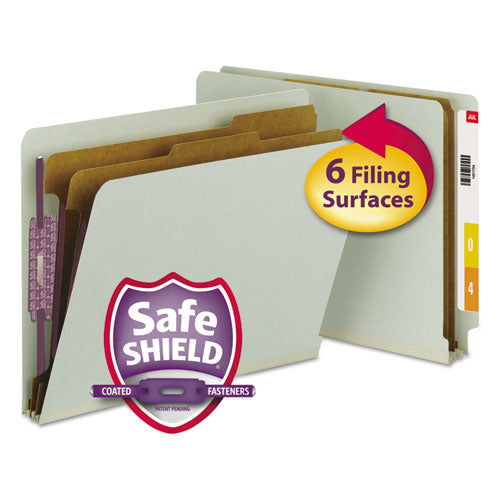 Image of Smead End Tab Pressboard Classification Folders, Six SafeSHIELD Fasteners, 2" Expansion, 2 Dividers, Letter Size, Gray-Green, 10/BX