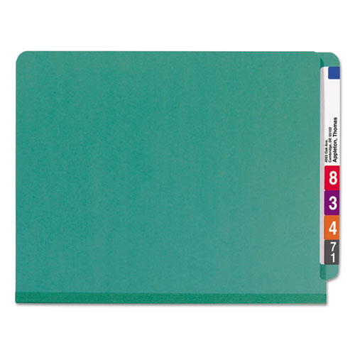 Image of Smead End Tab Pressboard Classification Folders, Six SafeSHIELD Fasteners, 2" Expansion, 2 Dividers, Letter Size, Green, 10/Box