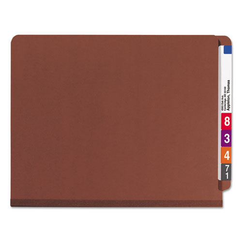 Image of Smead End Tab Pressboard Classification Folders, Six SafeSHIELD Fasteners, 2" Expansion, 2 Dividers, Letter Size, Red, 10/Box