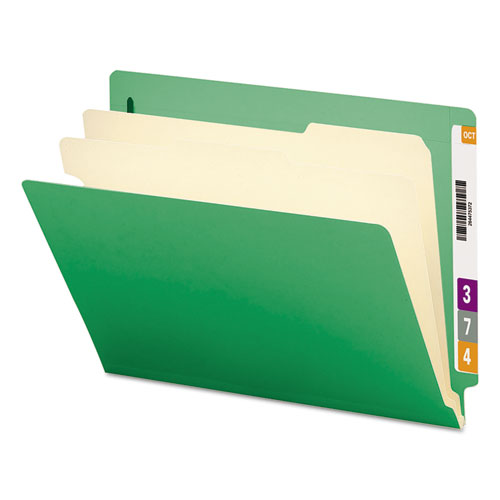 Image of Smead Colored End Tab Classification Folders with Dividers, 2" Expansion, 2 Dividers, 6 Fasteners, Letter Size, Green, 10/Box