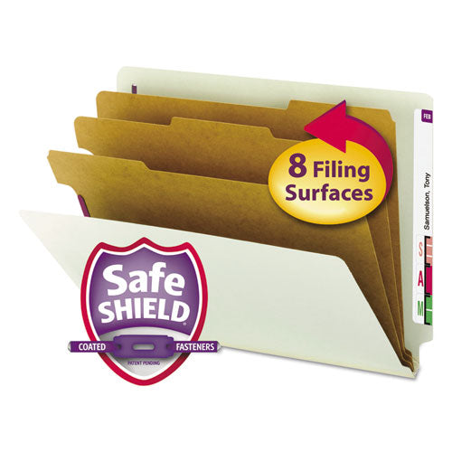 Image of Smead End Tab Pressboard Classification Folder, Eight SafeSHIELD Fasteners, 3" Expansion, 3 Dividers, Letter Size, Gray-Green,10/BX