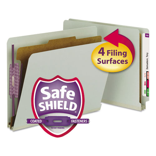 Image of Smead End Tab Pressboard Classification Folders, Four SafeSHIELD Fasteners, 2" Expansion, 1 Divider, Letter Size, Gray-Green, 10/BX