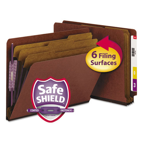 Image of Smead End Tab Pressboard Classification Folders, Eight SafeSHIELD Fasteners, 3" Expansion, 3 Dividers, Letter Size, Red, 10/Box