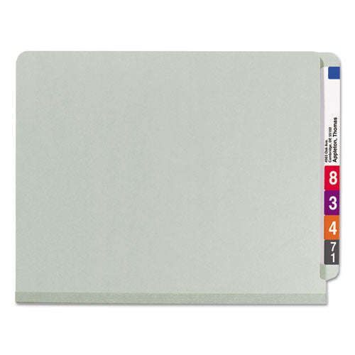Image of Smead End Tab Pressboard Classification Folder, Eight SafeSHIELD Fasteners, 3" Expansion, 3 Dividers, Letter Size, Gray-Green,10/BX