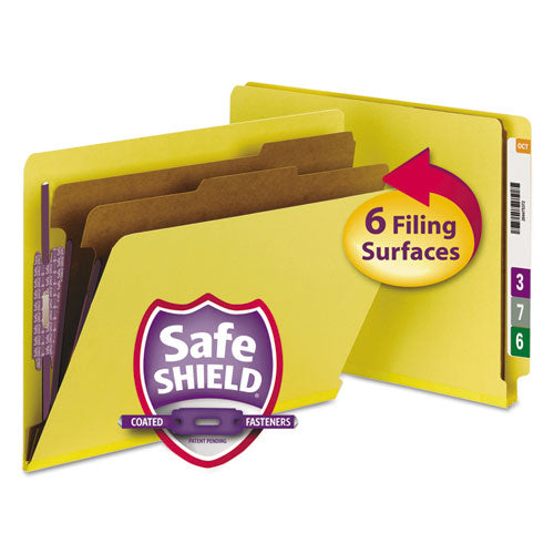 Image of Smead End Tab Pressboard Classification Folders, Six SafeSHIELD Fasteners, 2" Expansion, 2 Dividers, Letter Size, Yellow, 10/Box