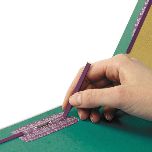Image of Smead End Tab Pressboard Classification Folders, Six SafeSHIELD Fasteners, 2" Expansion, 2 Dividers, Letter Size, Green, 10/Box