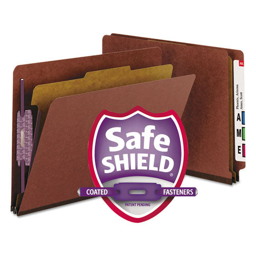 Image of Smead End Tab Pressboard Classification Folders, Four SafeSHIELD Fasteners, 2" Expansion, 1 Divider, Letter Size, Red, 10/Box