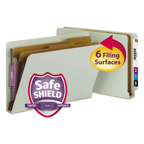 Image of Smead End Tab Pressboard Classification Folders, Six SafeSHIELD Fasteners, 2" Expansion, 2 Dividers, Legal Size, Gray-Green, 10/Box