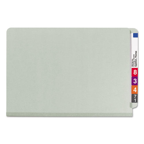 Image of Smead End Tab Pressboard Classification Folders, Six SafeSHIELD Fasteners, 2" Expansion, 2 Dividers, Legal Size, Gray-Green, 10/Box