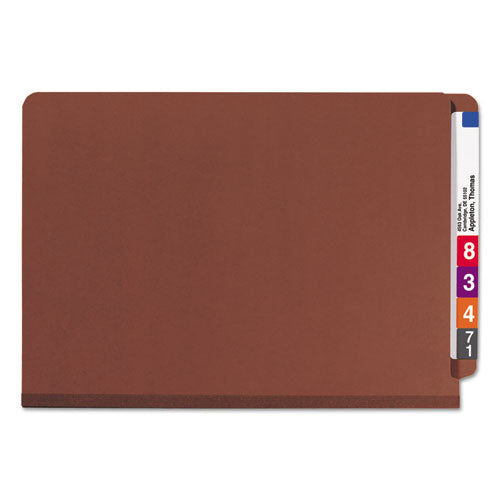 Image of Smead End Tab Pressboard Classification Folders, Six SafeSHIELD Fasteners, 2" Expansion, 2 Dividers, Legal Size, Red, 10/Box