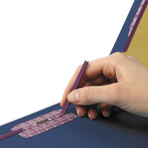 Image of Smead End Tab Pressboard Classification Folders, Six SafeSHIELD Fasteners, 2" Expansion, 2 Dividers, Legal Size, Dark Blue, 10/Box