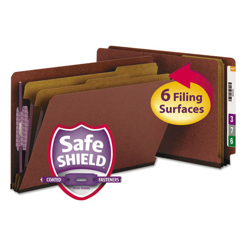 Image of Smead End Tab Pressboard Classification Folders, Six SafeSHIELD Fasteners, 2" Expansion, 2 Dividers, Legal Size, Red, 10/Box