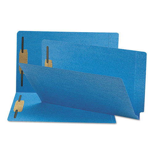 Image of Smead Heavyweight Colored End Tab Fastener Folders, 0.75" Expansion, 2 Fasteners, Legal Size, Blue Exterior, 50/Box