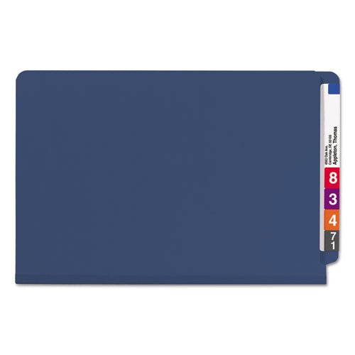 Image of Smead End Tab Pressboard Classification Folders, Six SafeSHIELD Fasteners, 2" Expansion, 2 Dividers, Legal Size, Dark Blue, 10/Box