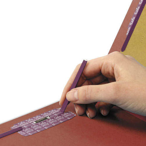 Image of Smead End Tab Pressboard Classification Folders, Six SafeSHIELD Fasteners, 2" Expansion, 2 Dividers, Legal Size, Red, 10/Box
