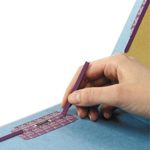 Image of Smead End Tab Pressboard Classification Folders, Six SafeSHIELD Fasteners, 2" Expansion, 2 Dividers, Legal Size, Blue, 10/Box