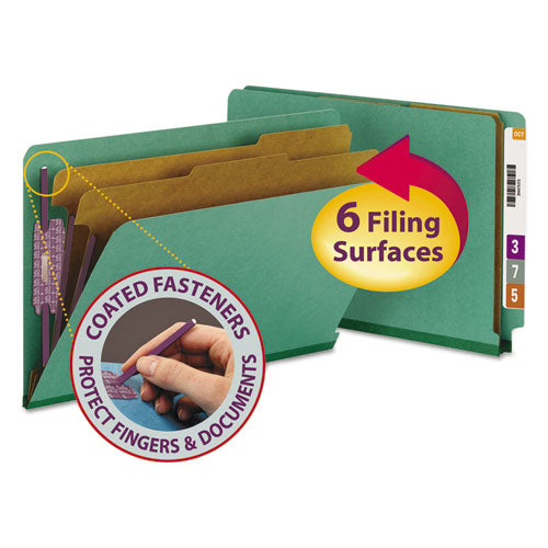 Image of Smead End Tab Pressboard Classification Folders, Six SafeSHIELD Fasteners, 2" Expansion, 2 Dividers, Legal Size, Green, 10/Box