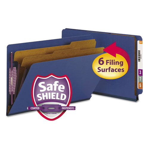 Image of Smead End Tab Pressboard Classification Folders, Six SafeSHIELD Fasteners, 2" Expansion, 2 Dividers, Legal Size, Dark Blue, 10/Box