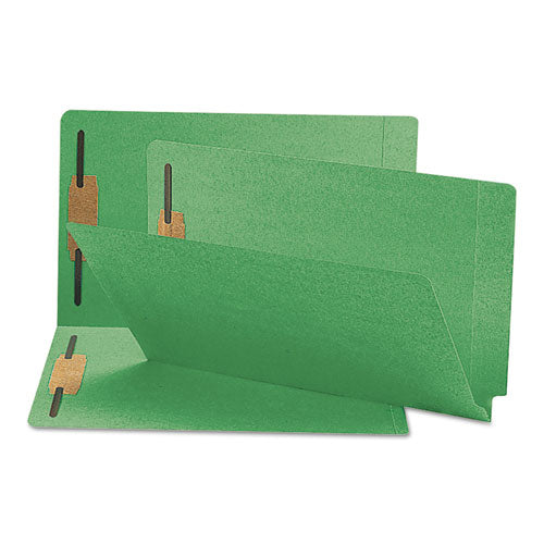 Image of Smead Heavyweight Colored End Tab Fastener Folders, 0.75" Expansion, 2 Fasteners, Legal Size, Green Exterior, 50/Box