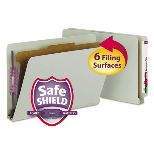 Image of Smead End Tab Pressboard Classification Folders, Four SafeSHIELD Fasteners, 2" Expansion, 1 Divider, Legal Size, Gray-Green, 10/Box