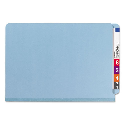 Image of Smead End Tab Pressboard Classification Folders, Six SafeSHIELD Fasteners, 2" Expansion, 2 Dividers, Legal Size, Blue, 10/Box