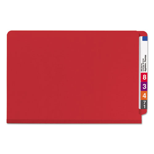 Image of Smead End Tab Pressboard Classification Folders, Six SafeSHIELD Fasteners, 2" Expansion, 2 Dividers, Legal Size, Bright Red, 10/Box