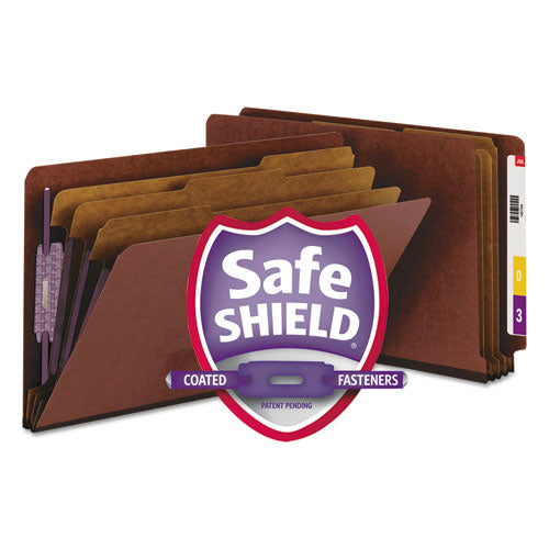 Image of Smead End Tab Pressboard Classification Folders, Eight SafeSHIELD Fasteners, 3" Expansion, 3 Dividers, Legal Size, Red, 10/Box