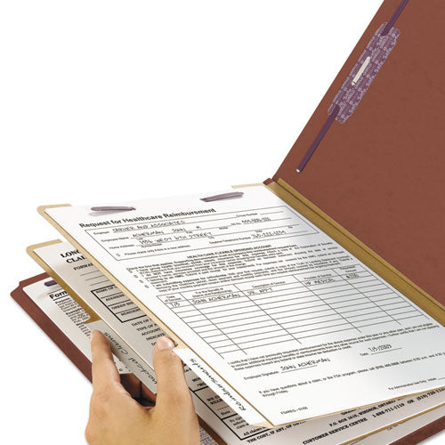 Image of Smead End Tab Pressboard Classification Folders, Six SafeSHIELD Fasteners, 2" Expansion, 2 Dividers, Legal Size, Red, 10/Box