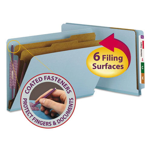 Image of Smead End Tab Pressboard Classification Folders, Six SafeSHIELD Fasteners, 2" Expansion, 2 Dividers, Legal Size, Blue, 10/Box