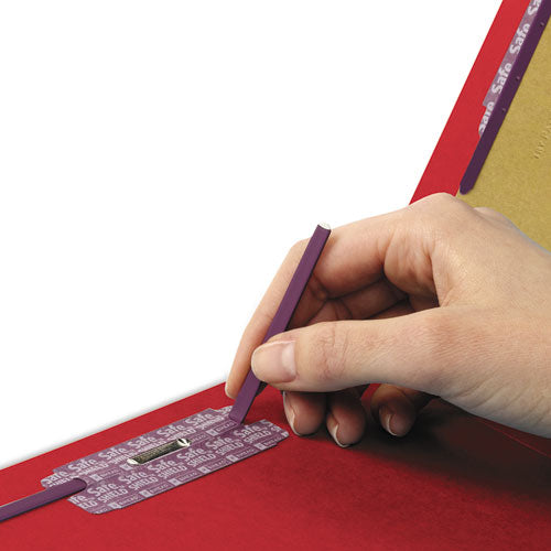 Image of Smead End Tab Pressboard Classification Folders, Six SafeSHIELD Fasteners, 2" Expansion, 2 Dividers, Legal Size, Bright Red, 10/Box
