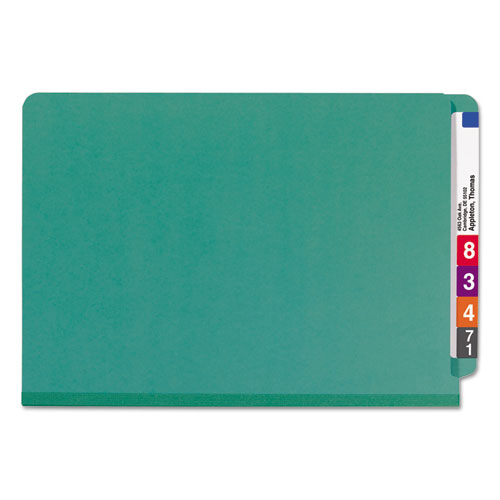 Image of Smead End Tab Pressboard Classification Folders, Six SafeSHIELD Fasteners, 2" Expansion, 2 Dividers, Legal Size, Green, 10/Box