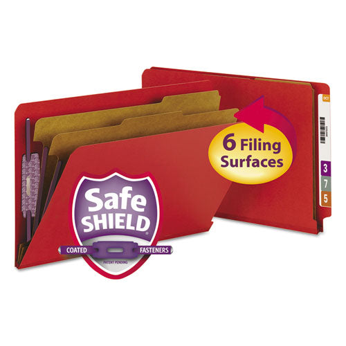 Image of Smead End Tab Pressboard Classification Folders, Six SafeSHIELD Fasteners, 2" Expansion, 2 Dividers, Legal Size, Bright Red, 10/Box