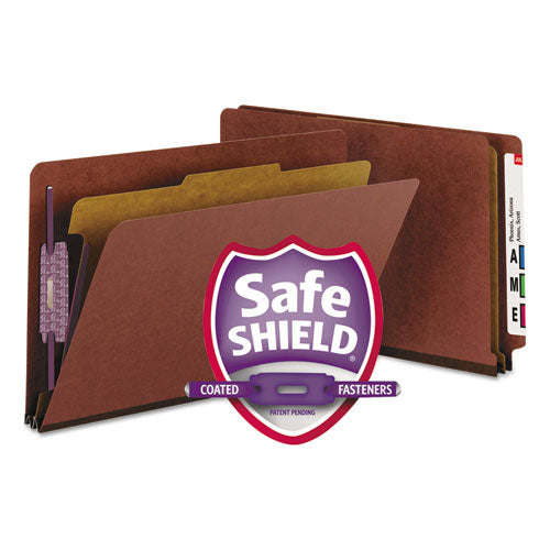 Image of Smead End Tab Pressboard Classification Folders, Four SafeSHIELD Fasteners, 2" Expansion, 1 Divider, Legal Size, Red, 10/Box