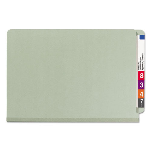 Image of Smead End Tab Pressboard Classification Folders, Four SafeSHIELD Fasteners, 2" Expansion, 1 Divider, Legal Size, Gray-Green, 10/Box