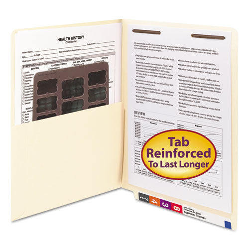 Image of Smead Heavyweight End Tab Fastener Folders, Interior Front-Cover Pocket, 0.75" Expansion, 1 Fastener, Letter Size, Manila, 50/Box