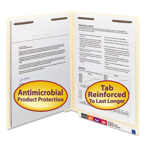Image of Smead Reinforced End Tab Fastener Folders, Antimicrobial Protection, 0.75" Expansion, 2 Fasteners, Letter Size, Manila, 50/Box