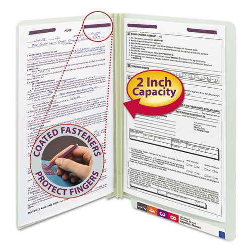 Image of Smead End Tab Pressboard Classification Folders, Two SafeSHIELD Coated Fasteners, 2" Expansion, Legal Size, Gray-Green, 25/Box