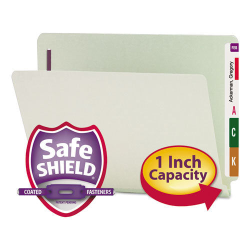 Image of Smead End Tab Pressboard Classification Folders, Two SafeSHIELD Coated Fasteners, 1" Expansion, Letter Size, Gray-Green, 25/Box