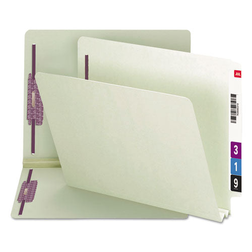 Image of Smead End Tab Pressboard Classification Folders, Two SafeSHIELD Coated Fasteners, 2" Expansion, Letter Size, Gray-Green, 25/Box