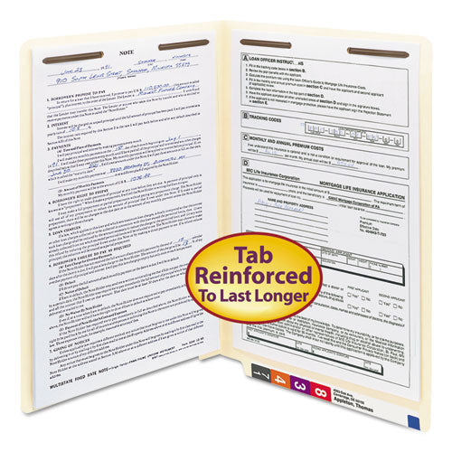 Image of Smead End Tab Fastener Folders with Reinforced Straight Tabs, 11-pt Manila, 2 Fasteners, Legal Size, Manila Exterior, 50/Box
