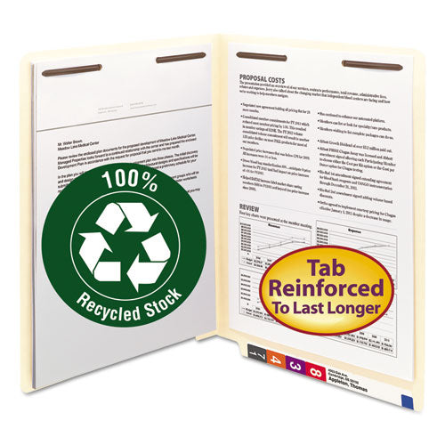 Image of Smead Recycled Manila End Tab Fastener Folders, 0.75" Expansion, 2 Fasteners, Letter Size, Manila Exterior, 50/Box