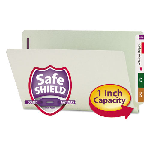 Image of Smead End Tab Pressboard Classification Folders, Two SafeSHIELD Coated Fasteners, 1" Expansion, Legal Size, Gray-Green, 25/Box