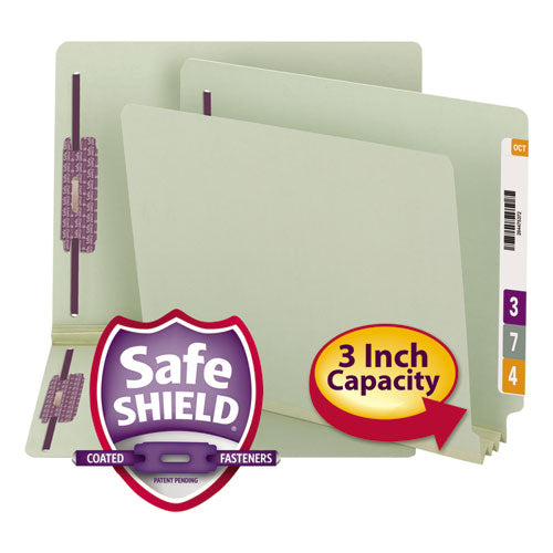 Image of Smead End Tab Pressboard Classification Folders, Two SafeSHIELD Coated Fasteners, 3" Expansion, Letter Size, Gray-Green, 25/Box